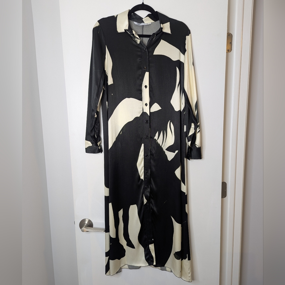 NWOT Zara Black and Ivory Horse Design Shirt Dress